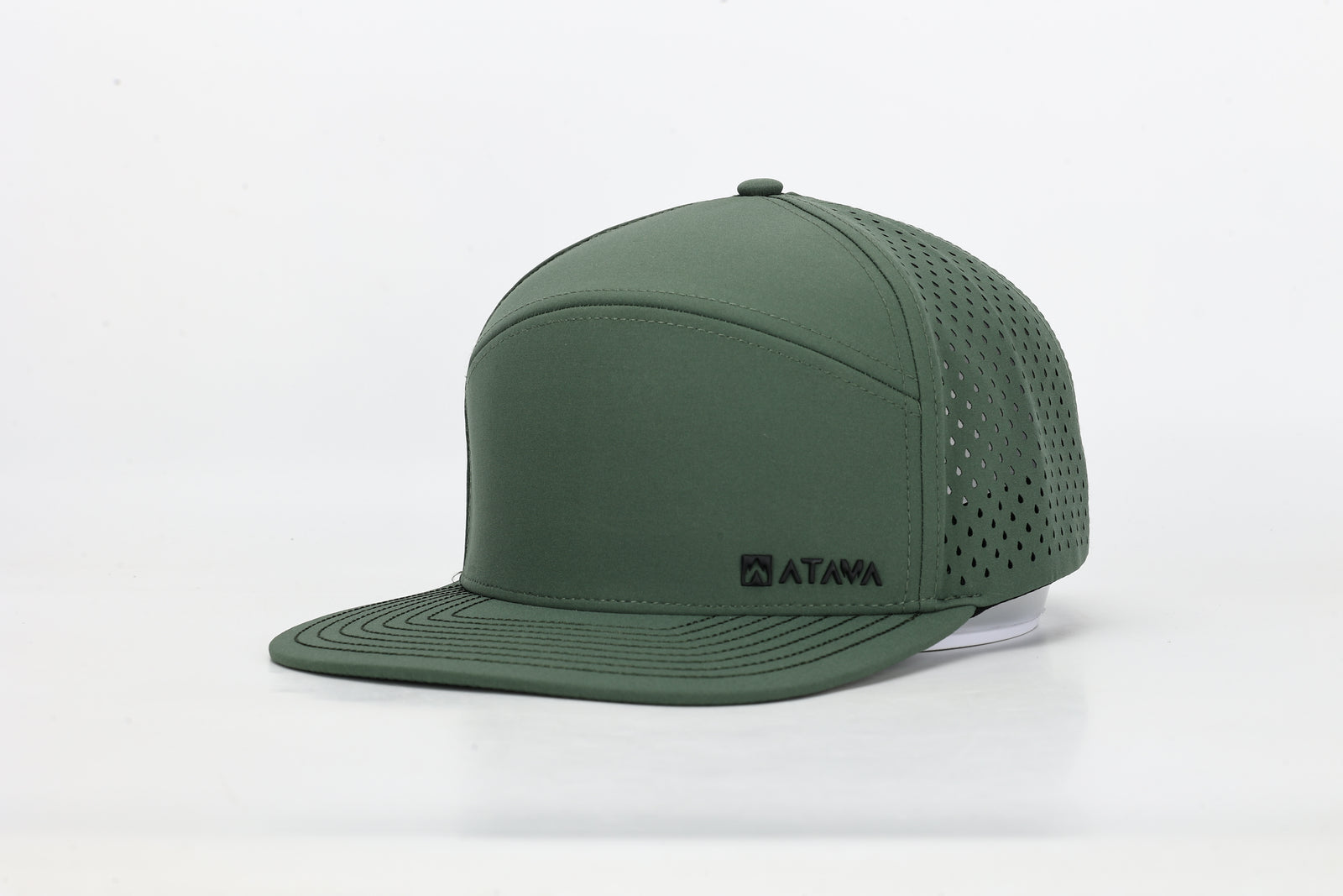 Riviera Forest performance hat with gel logo, front three-quarter view and flat brim